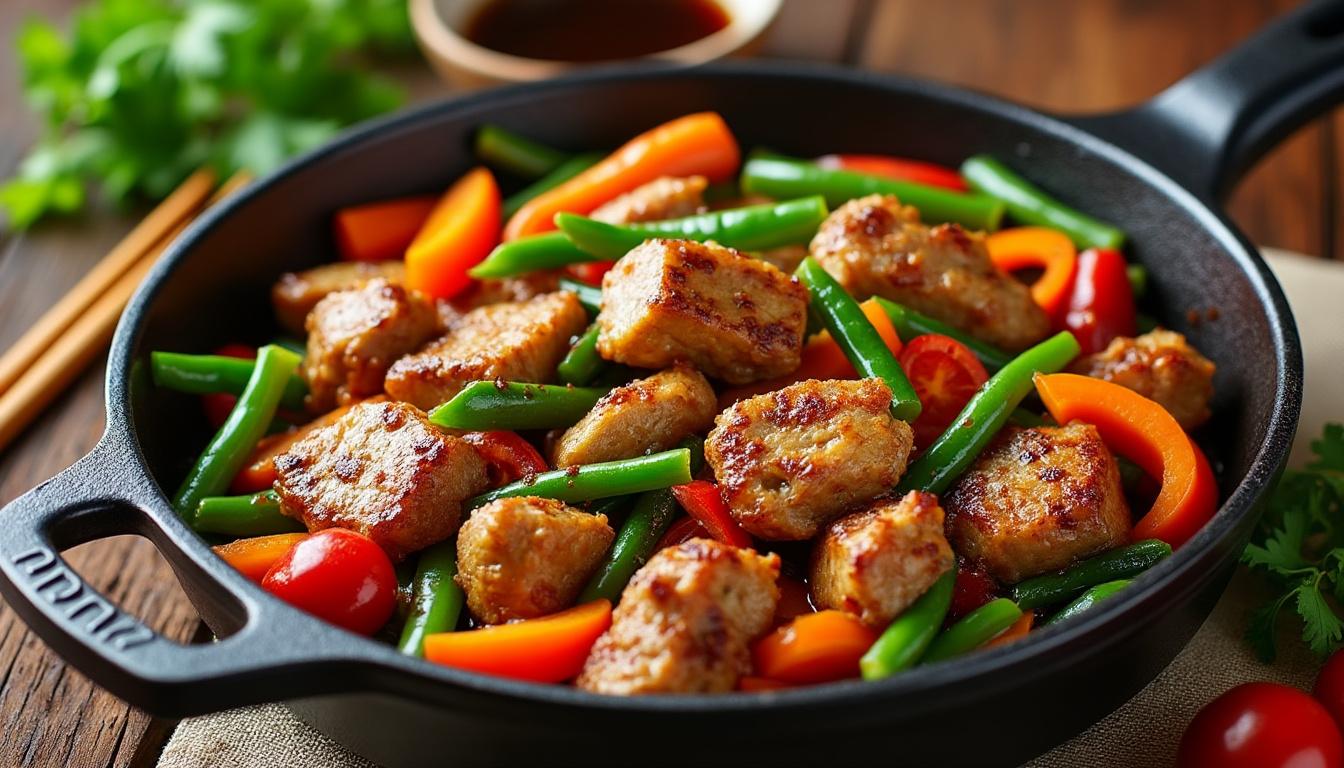 découvrez notre recette incontournable de sauté de porc aux légumes à la moutarde, préparée en cocotte pour un plat savoureux et facile à réaliser.